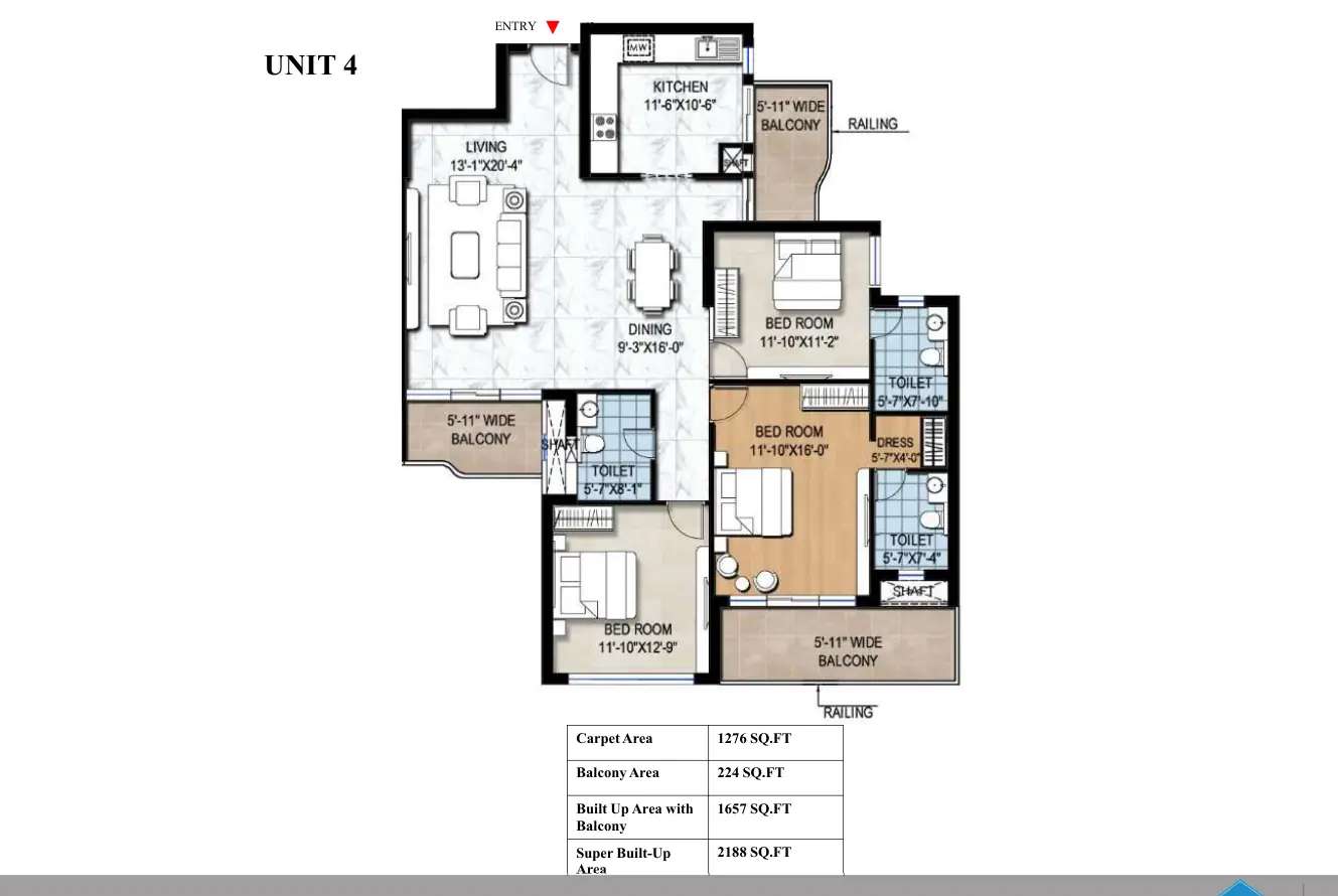 Floor plan – 3 BHK + 3T (6-core cluster, Unit 4)