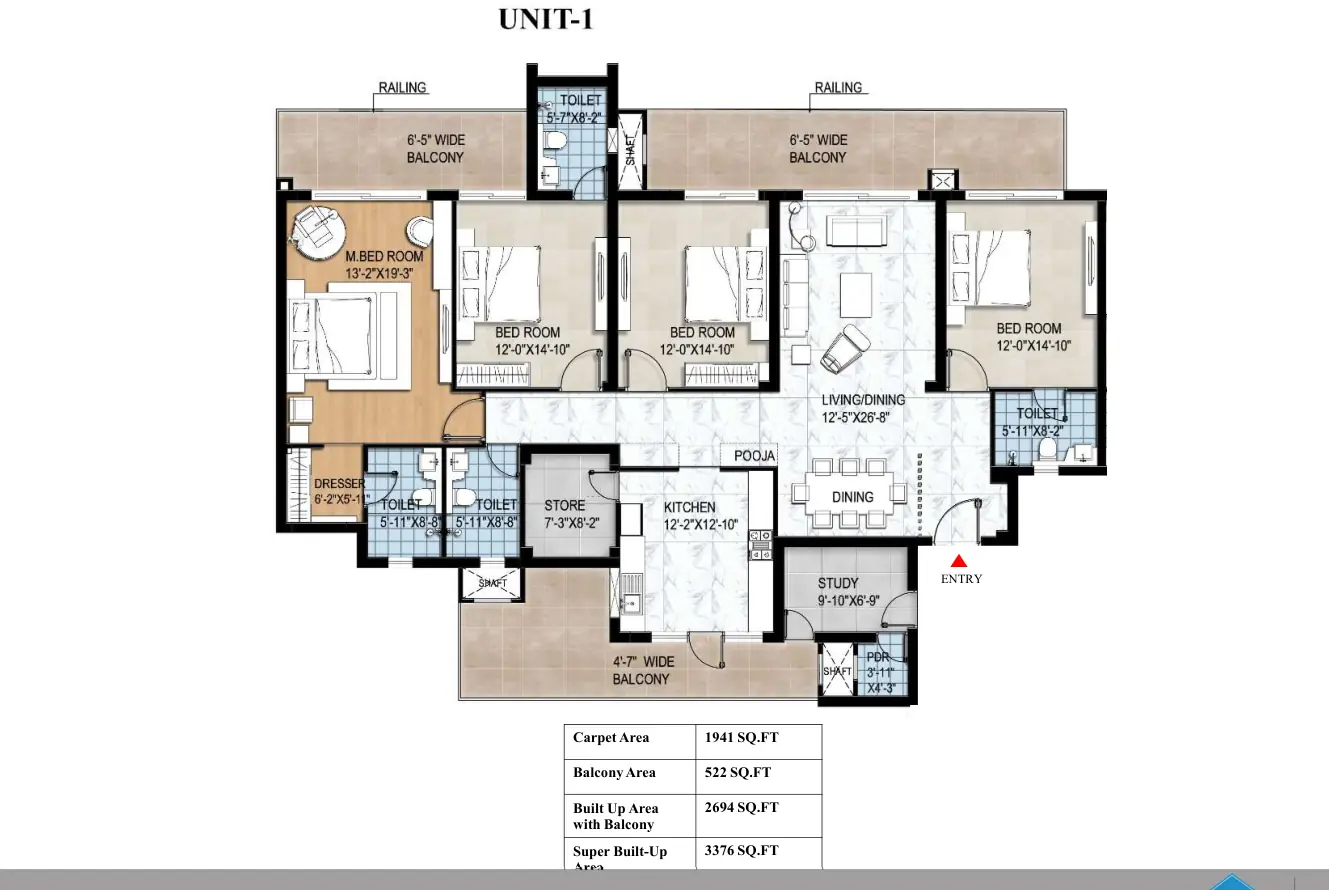 Floor plan – 4 BHK + Study + 5T (4-core cluster, Unit 1)